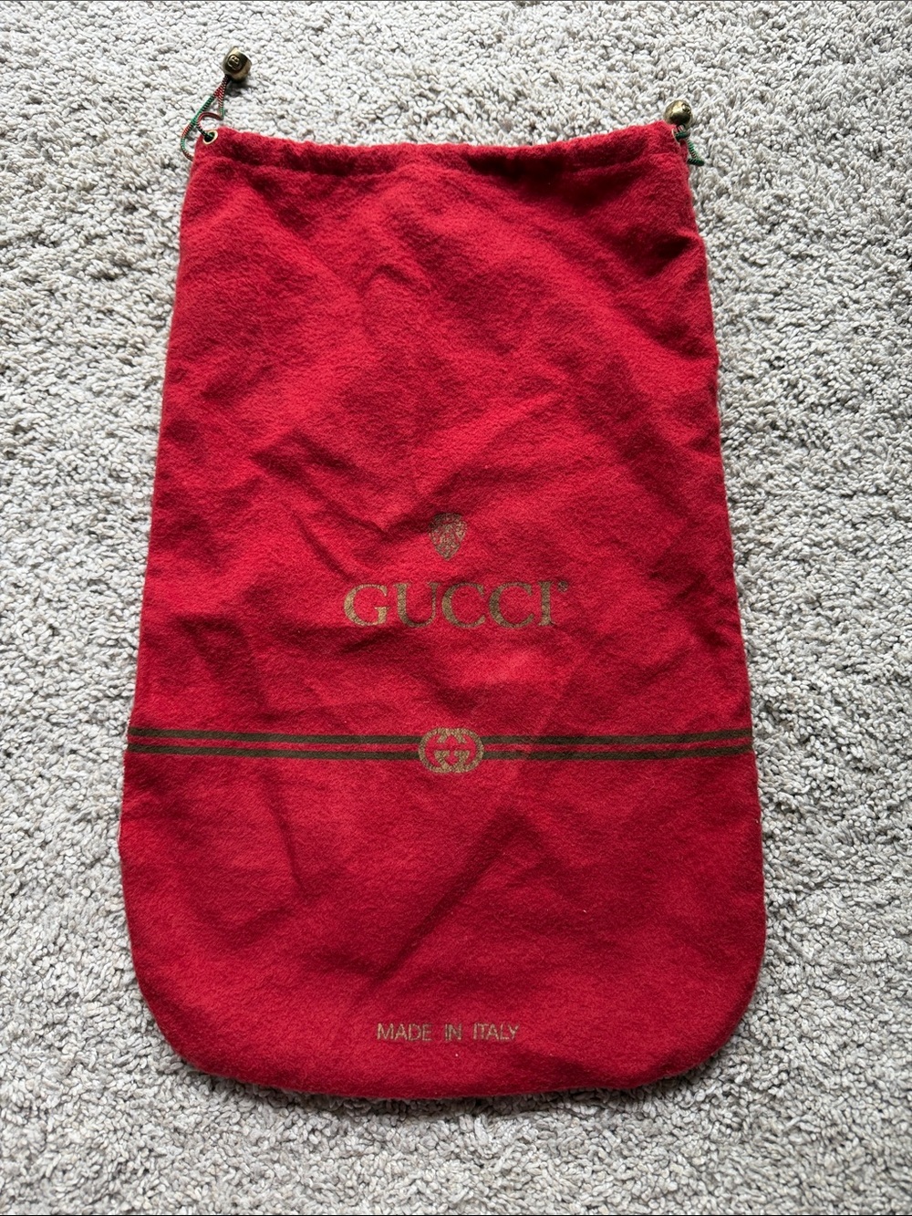 Vintage GUCCI Red Flannel Dust Bag/Pouch Gold Knight Crest Logo Italy